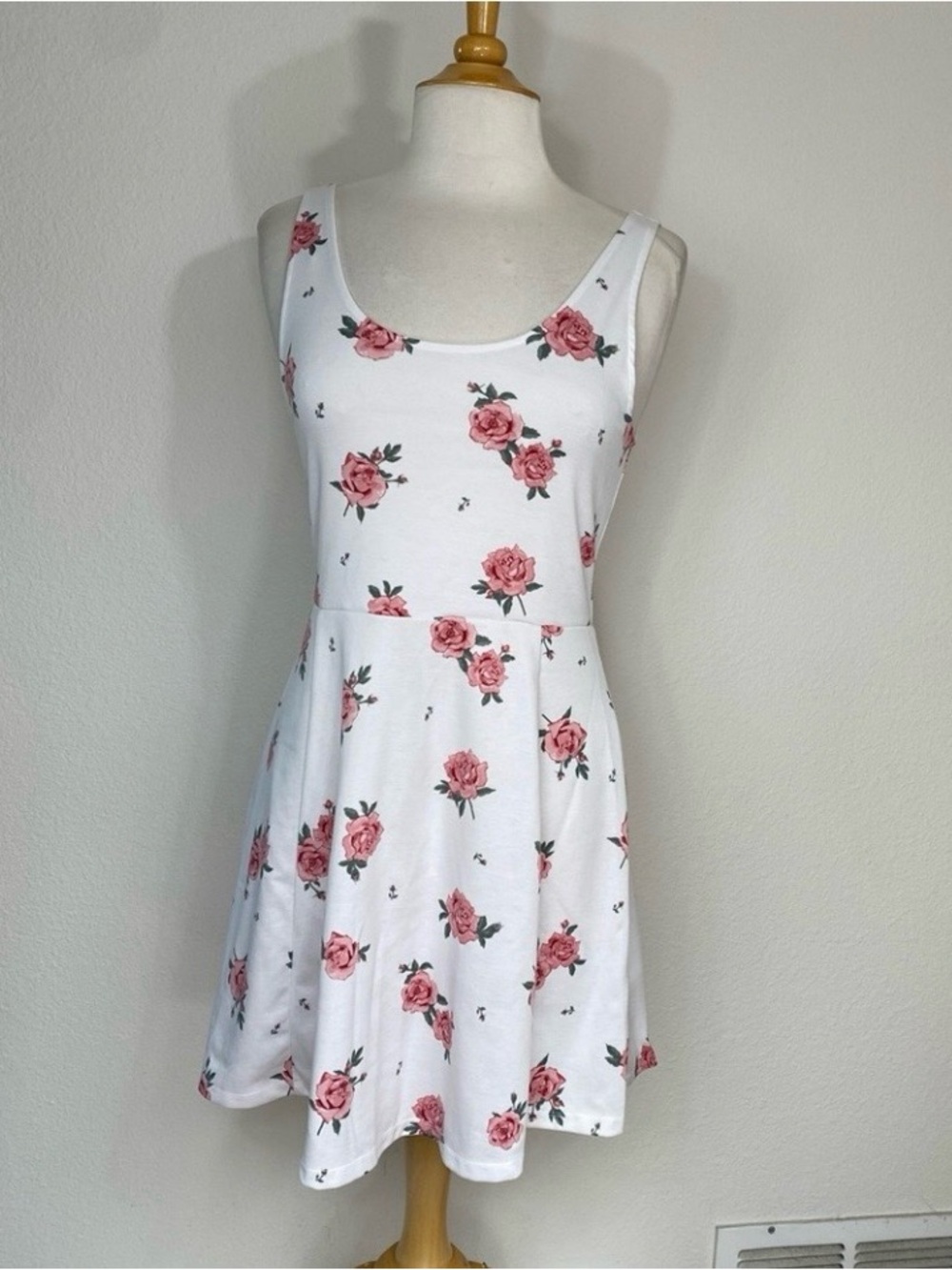 H&M Divided Womens White Pink Floral Soft Stretch Tank Skater Mini Dress Size 10